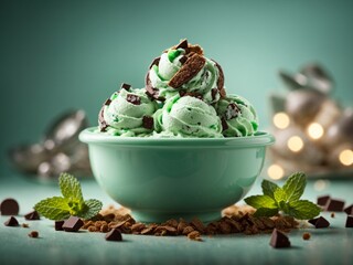 Italian mint chocolate chip ice cream gelato scoops, cinematic food dessert photography, studio background