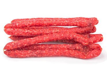 Smoked sausage, hunting sausage. Meat product . Photo of the concept of pricing, cost, discounts, supermarket operating ideas