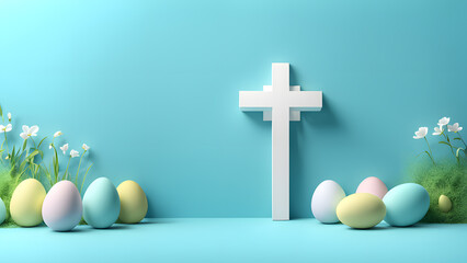 3D Christian cross symbol with grass flower and easter eggs isolated on blue background. Concept of religious banner for easter day and good Friday.