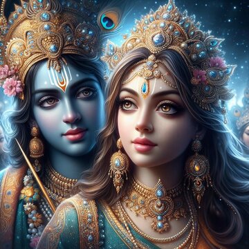Eternal Love: Realistic Close-Up of Radha and Krishna in a Magical Realm