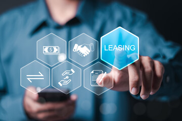 Leasing business concept. Businessman use smartphone and hand touching leasing word and icons about contract agreement between lessee and lessor on virtual screen. - obrazy, fototapety, plakaty