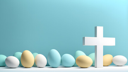 3D Christian cross symbol with many easter eggs blue background. Concept of religious banner for easter day and good Friday. - obrazy, fototapety, plakaty