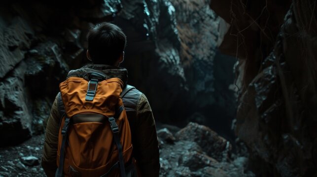 Tourist standing with backpack Standing and looking into a dark, mysterious fantasy cave