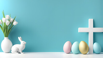3D Christian cross symbol with bunny and easter eggs isolated on blue background. Concept of religious banner for easter day and good Friday. - obrazy, fototapety, plakaty
