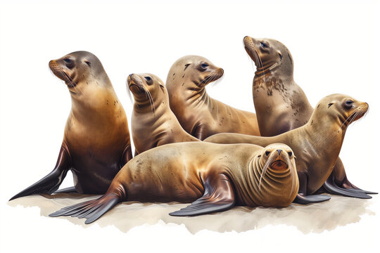 Group of sea lions on a white background