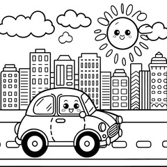 Car is driving down a road near a city. There are buildings on the road. Coloring page for kids