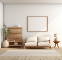 Fototapeta na wymiar This image shows a modern living room with a white couch and a matching white rug. The minimalistic design features clean lines and a bright, airy atmosphere