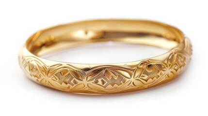 Big gold bangle bracelet with beautiful pattern isolated on white background. - obrazy, fototapety, plakaty