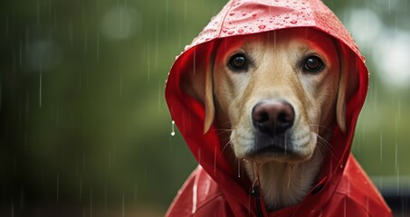 A Labrador Retriever in a fawn color, belonging to the Sporting Group, wears a red raincoat with a...