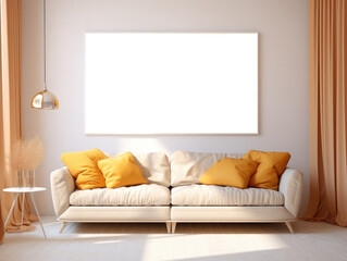 This photo features a modern living room with a white couch adorned with vibrant yellow pillows. The room is elegantly decorated with a contemporary flair