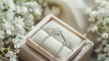 Luxurious diamond ring in box with white floral background
