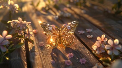 Gold-colored butterfly-shaped diamond-decorated brooch Placed on a classic wooden floor. Surrounded by bright flowers