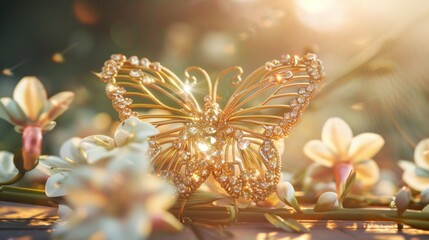 Gold-colored butterfly-shaped diamond-decorated brooch Placed on a classic wooden floor. Surrounded by bright flowers