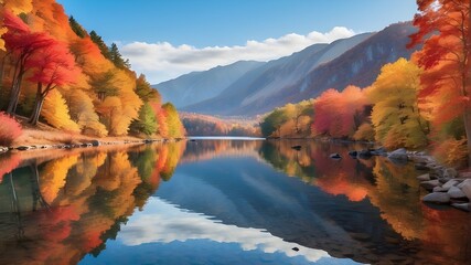 A tranquil lake reflecting the vibrant colors of autumn foliage -
