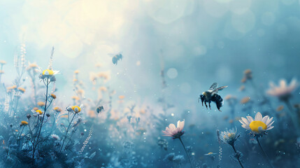 Fototapeta na wymiar Bees pollinate flowers in the morning fog.
