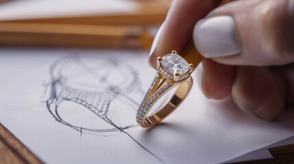 Jewelery drawing beautiful rings on paper at a wooden table - Powered by Adobe