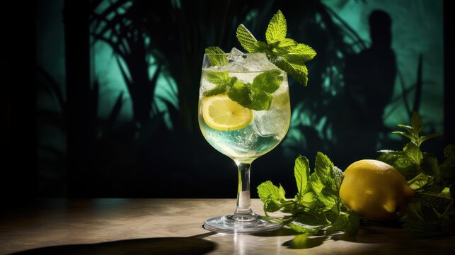 A glass containing a cocktail adorned with a lemon slice and a sprig of mint.