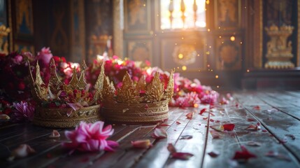 Traditional crowns used by Thai dance performers sit on a classic wooden floor. Surrounded by flowers, there is light