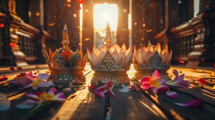 Traditional crowns used by Thai dance performers sit on a classic wooden floor. Surrounded by flowers, there is light - obrazy, fototapety, plakaty