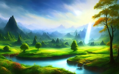 Fantasy landscape with fog, forest, mountains, morning sunlight. Nice wallpaper, background, banner, cover, poster. natural clean landscape.