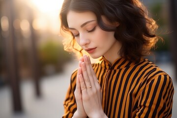 A woman wearing a striped shirt is captured in the act of praying, with her hands clasped together and eyes closed in concentration. She is standing in a room, and the focus is on her reverent posture