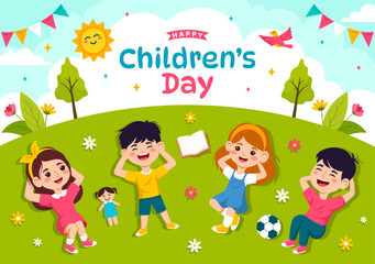 Happy Children's Day Vector Illustration with Kids Togetherness in Children Celebration Cartoon Bright Sky Blue Background and Green Field Design