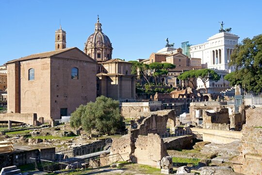 ROME, ITALY Roman ruins, excavations. Ruins of the roman Forum from the Palatine Hill