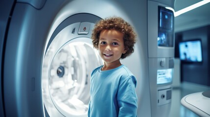 An interested child is behind the gantry of a CT or MRI machine and looks towards the camera