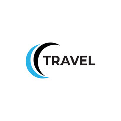 Modern Travel Logo with Blue and Black Crescent Shapes and Bold Typography on White Background