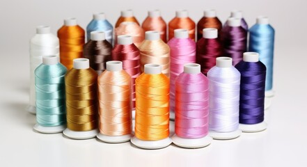 A group of colorful spools of thread are neatly lined up next to each other, showcasing a variety of vibrant colors and textures