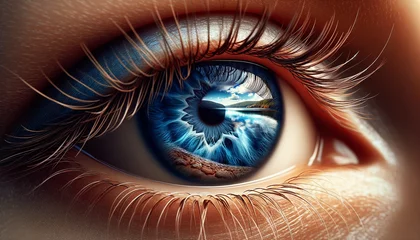 Foto op Canvas High-resolution, realistic macro photo of a woman blue eye, capturing details. Lake and a lakeshore, sky, and surrounding landscape mirrored in the eye © Hanna Tor