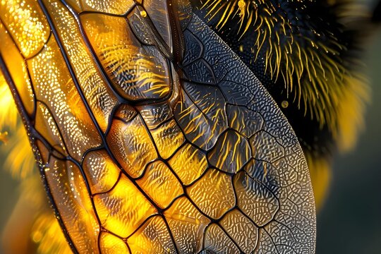 Magnified image of a bee's wing, showing fine structures and veins, realistic, stock photo approach.
