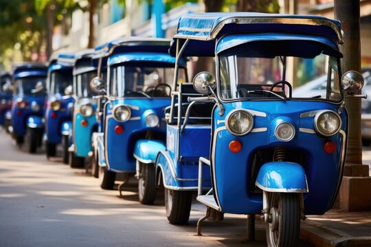 In the photo, a row of blue motor scooters is neatly parked along the side of a road. The scooters are compact and stylish, adding a pop of color to the urban landscape