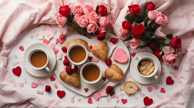 A flat lay top view of a Valentines Day breakfast in b. Genrative.ai 