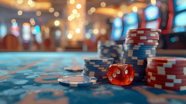 Luxurious casino with focus on a winning blackjack hand, with chips and dice on the side
