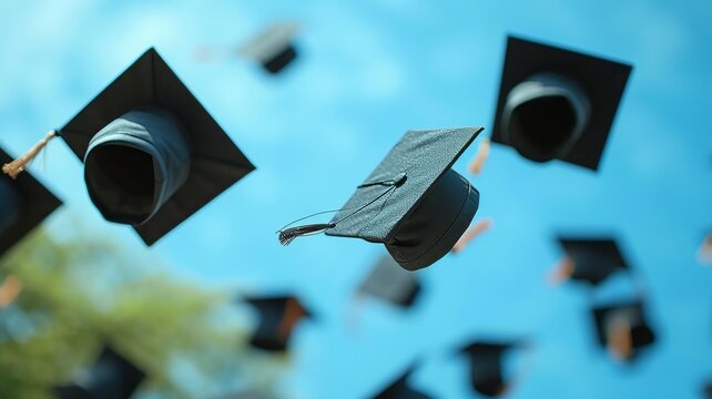 Sequence of mortarboards in mid-air signifying academic achievement