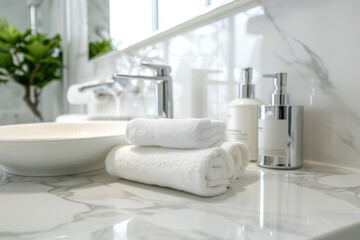 Obraz na płótnie Canvas Close-up and low angle shot of elegant and beautiful amenity hotel set, sophisticated arranging on white marble counter in a luxury bathroom, leaving copy space by focusing on foreground.