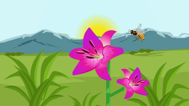 An animated scene featuring a bee hovering over a flower.