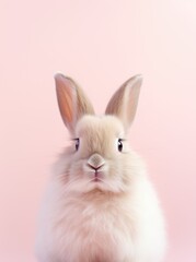 Obraz premium A white rabbit is sitting calmly in front of a solid pink background. The rabbits fur is fluffy and pristine white, contrasting with the vibrant pink color behind it