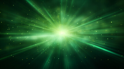 Abstract green background with light rays and sparkles. Vector illustration.