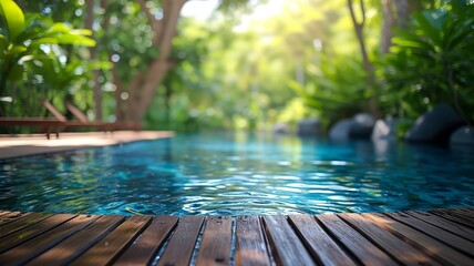 Serene poolside with wooden decking and tranquil water