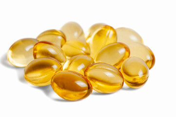 Pile of Fish Oil Capsules on White Background