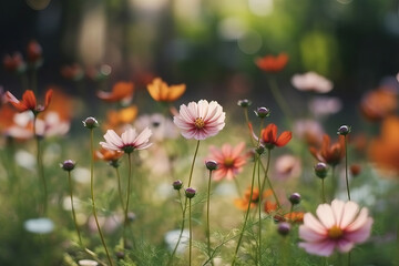 Beautiful spring flower garden in the morning. Scene with long grass, wild glowers and blurry bokeh background.