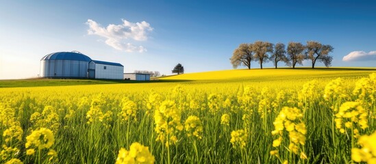 A biogas facility near a springtime field of yellow rapeseed.