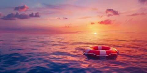 Rescue or lifeguard equipment with a rope floating in the sea. Sunset in background. Savior day. - obrazy, fototapety, plakaty