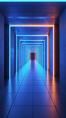 Neon tunnel with blue and orange lights. The concept of futurism and innovation.