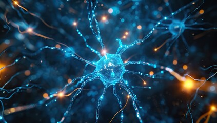 Close-up of a neuron with blue glowing connections. The concept of neuroscience and biology. - obrazy, fototapety, plakaty