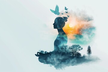 Illustration of a silhouette of a woman in a lotus position against a background of trees and the sun. Mental health concept, bipolar disorder day. Copy space, blue background.