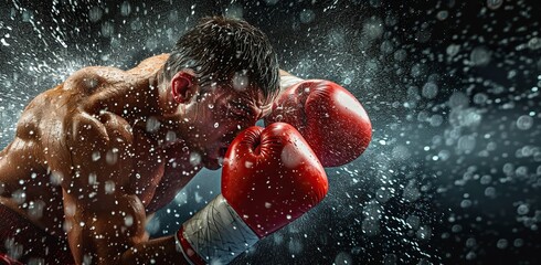 Boxer in red gloves defending against water splashes during training. The concept of sports and perseverance.