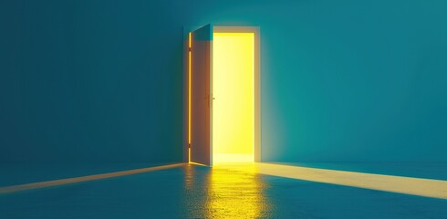 Open door to a bright room with yellow light creating a shadow on the floor. The concept of...